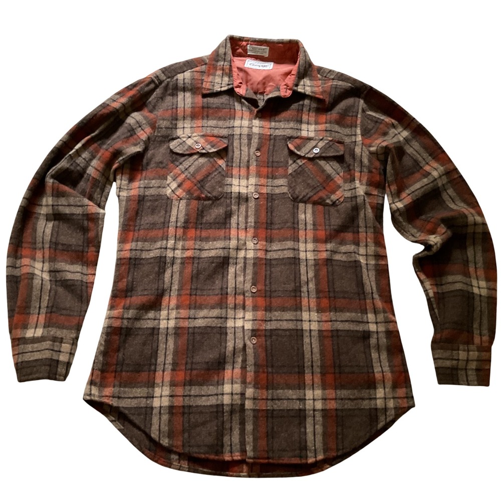 Vintage Campus Rugged Country Mens Brown Orange Plaid Wool Flannel Shirt Tall L